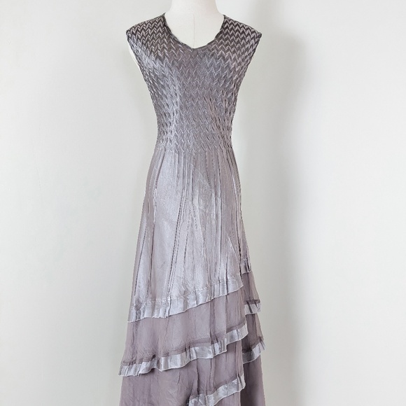 Komarov Charmeuse Dress Luminous Oyster Smoke Ombre Tiered Satin Midi - Picture 5 of 11